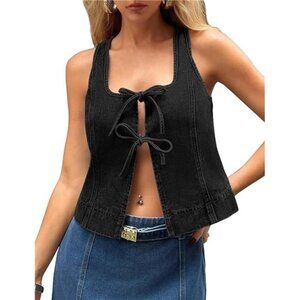 Womens Denim Vest Sleeveless Square Neck Jean Vest Black